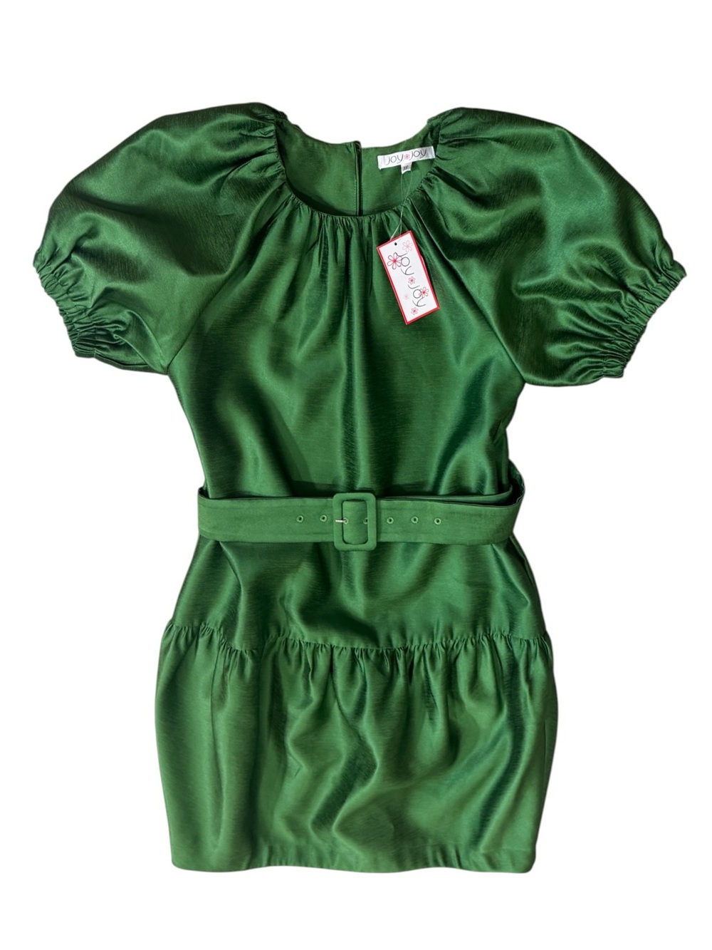 NWT $206 Joy Joy Logan Emerald Green Satin Puff Sleeve Mini Dress Belt XS
